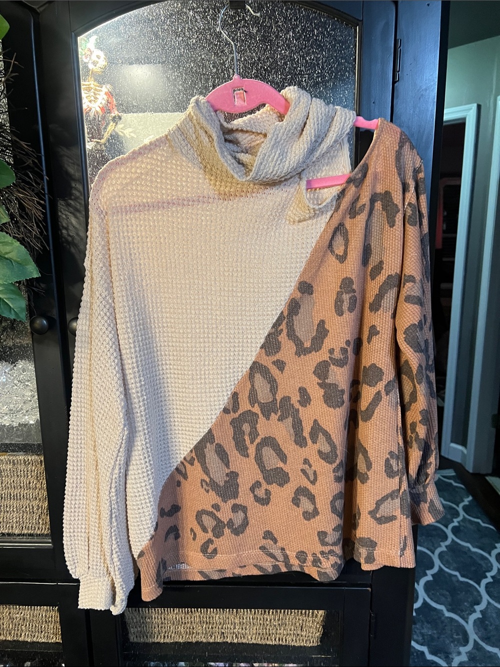 Cozy Two-Tone Leopard Print Cowl Neck Sweater with cut out shoulder